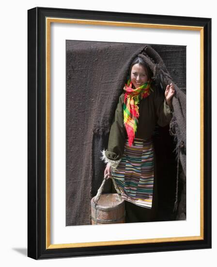 Tibetan Woman Carrying a Bucket to the Tent, East Himalayas, Tibet, China-Keren Su-Framed Photographic Print