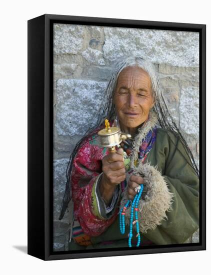 Tibetan Woman Holding Praying Wheel in Sakya Monastery, Tibet, China-Keren Su-Framed Premier Image Canvas