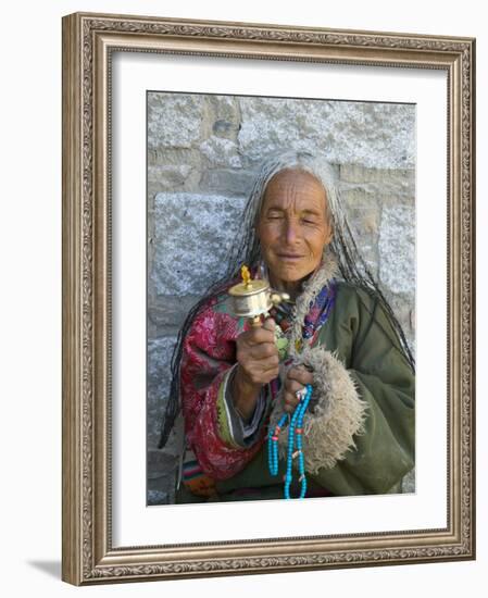 Tibetan Woman Holding Praying Wheel in Sakya Monastery, Tibet, China-Keren Su-Framed Photographic Print