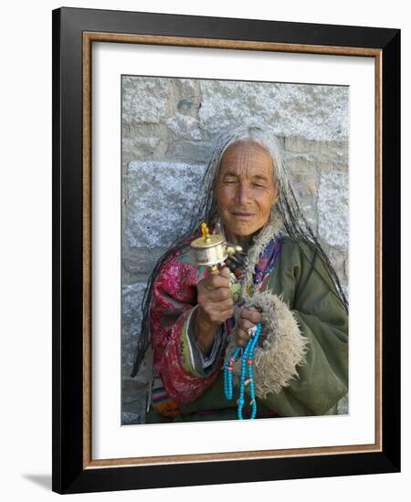 Tibetan Woman Holding Praying Wheel in Sakya Monastery, Tibet, China-Keren Su-Framed Photographic Print