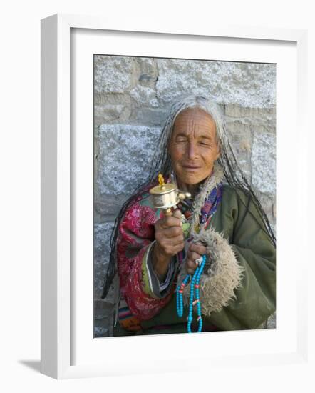 Tibetan Woman Holding Praying Wheel in Sakya Monastery, Tibet, China-Keren Su-Framed Photographic Print