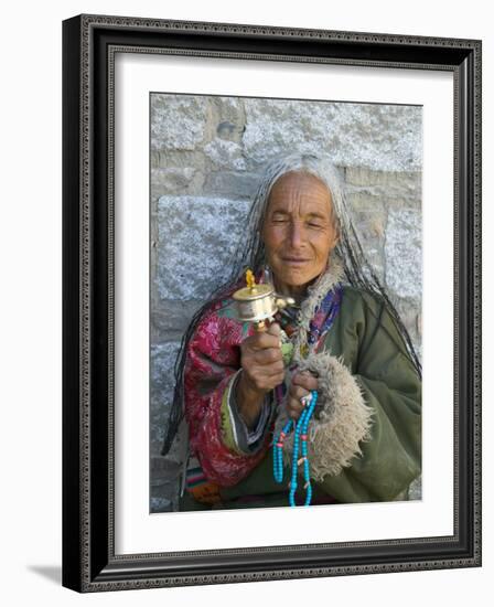 Tibetan Woman Holding Praying Wheel in Sakya Monastery, Tibet, China-Keren Su-Framed Photographic Print