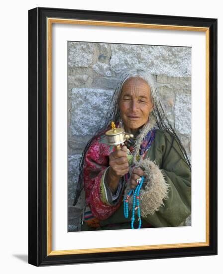 Tibetan Woman Holding Praying Wheel in Sakya Monastery, Tibet, China-Keren Su-Framed Photographic Print