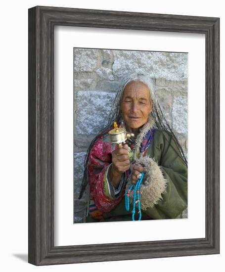 Tibetan Woman Holding Praying Wheel in Sakya Monastery, Tibet, China-Keren Su-Framed Photographic Print