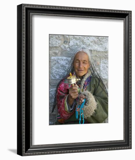 Tibetan Woman Holding Praying Wheel in Sakya Monastery, Tibet, China-Keren Su-Framed Photographic Print