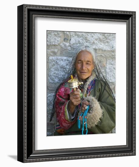 Tibetan Woman Holding Praying Wheel in Sakya Monastery, Tibet, China-Keren Su-Framed Photographic Print