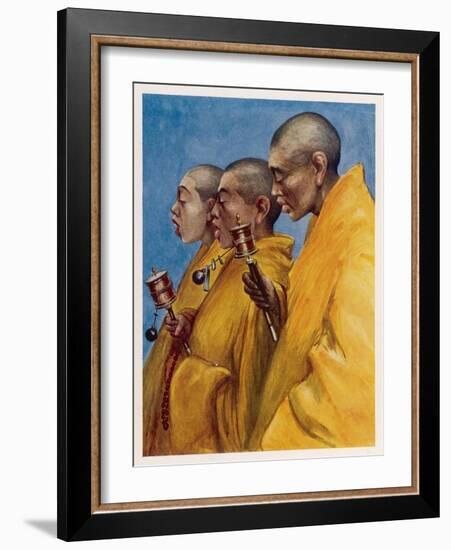 Tibetan "Yellow Monks" Using Prayer Wheels-Henry Savage Landor-Framed Art Print