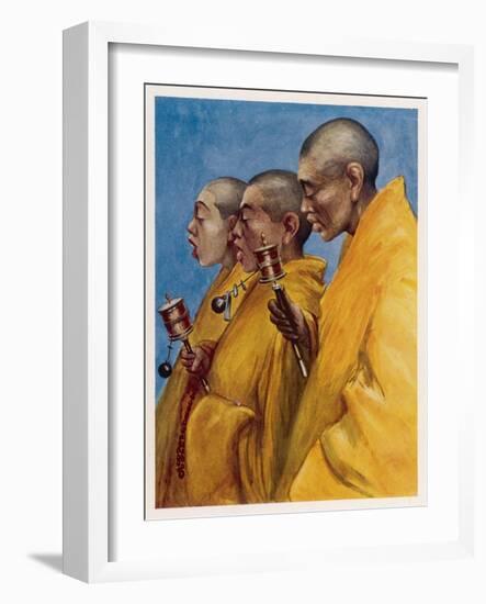 Tibetan "Yellow Monks" Using Prayer Wheels-Henry Savage Landor-Framed Art Print