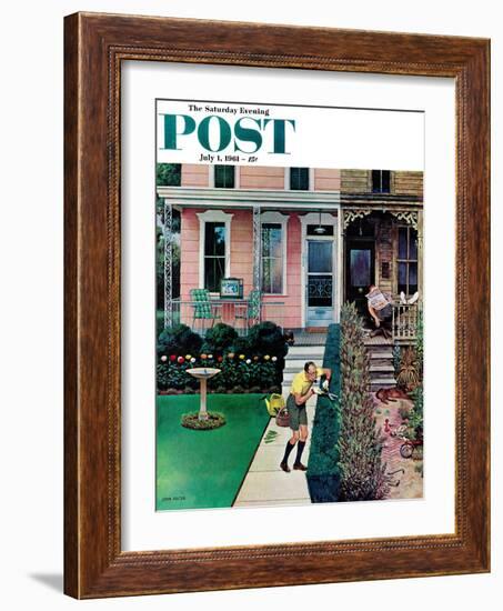 "Tidy and Sloppy Neighbors," Saturday Evening Post Cover, July 1, 1961-John Falter-Framed Giclee Print