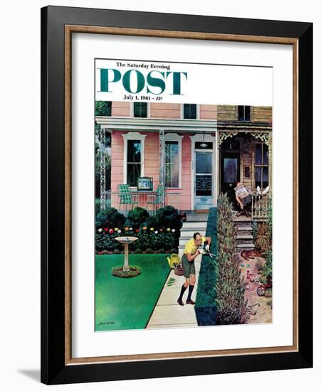 "Tidy and Sloppy Neighbors," Saturday Evening Post Cover, July 1, 1961-John Falter-Framed Giclee Print