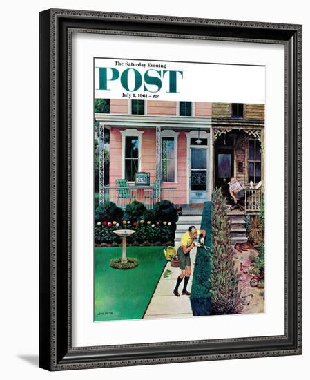 "Tidy and Sloppy Neighbors," Saturday Evening Post Cover, July 1, 1961-John Falter-Framed Giclee Print