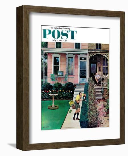 "Tidy and Sloppy Neighbors," Saturday Evening Post Cover, July 1, 1961-John Falter-Framed Giclee Print