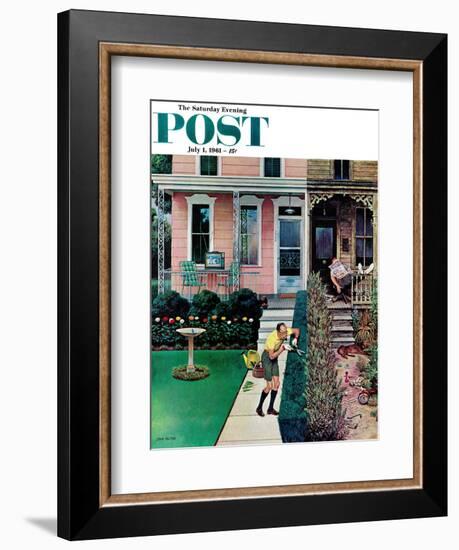 "Tidy and Sloppy Neighbors," Saturday Evening Post Cover, July 1, 1961-John Falter-Framed Giclee Print