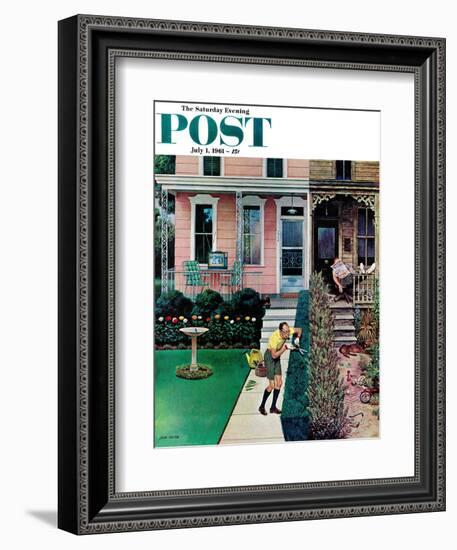 "Tidy and Sloppy Neighbors," Saturday Evening Post Cover, July 1, 1961-John Falter-Framed Giclee Print