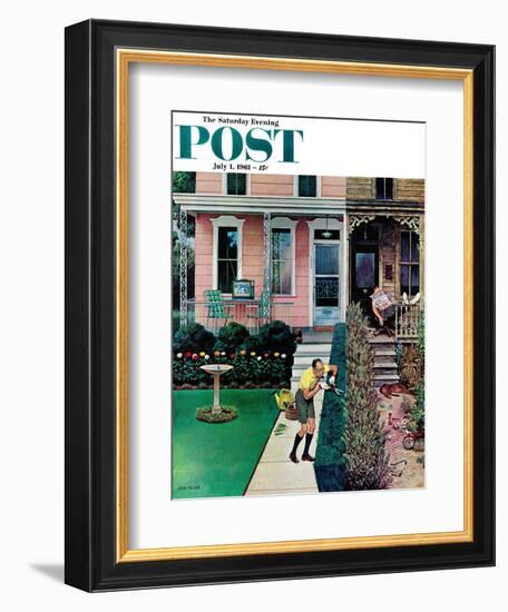 "Tidy and Sloppy Neighbors," Saturday Evening Post Cover, July 1, 1961-John Falter-Framed Giclee Print