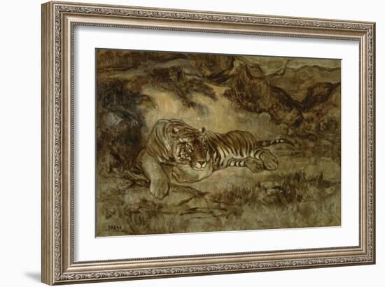 Tiger at Rest, C.1850-70 (Oil on Paper Mounted on Canvas)-Antoine Louis Barye-Framed Giclee Print