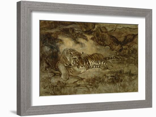 Tiger at Rest, C.1850-70 (Oil on Paper Mounted on Canvas)-Antoine Louis Barye-Framed Giclee Print