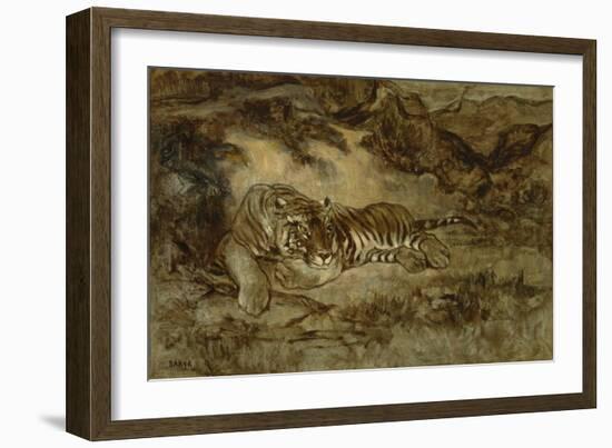 Tiger at Rest, C.1850-70 (Oil on Paper Mounted on Canvas)-Antoine Louis Barye-Framed Giclee Print