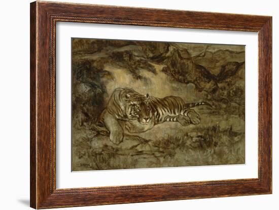 Tiger at Rest, C.1850-70 (Oil on Paper Mounted on Canvas)-Antoine Louis Barye-Framed Giclee Print