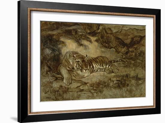 Tiger at Rest, C.1850-70 (Oil on Paper Mounted on Canvas)-Antoine Louis Barye-Framed Giclee Print