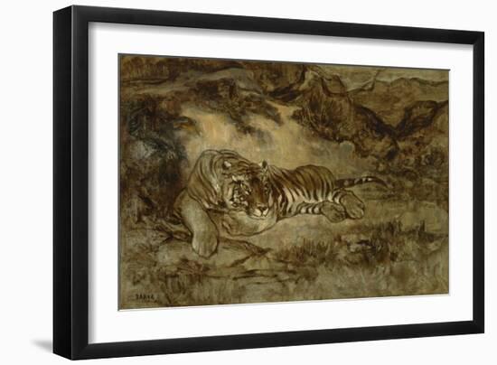 Tiger at Rest, C.1850-70 (Oil on Paper Mounted on Canvas)-Antoine Louis Barye-Framed Giclee Print
