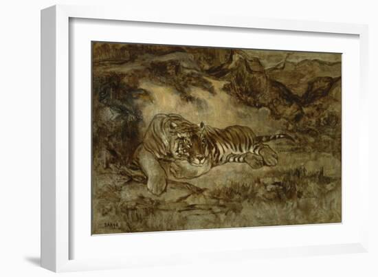 Tiger at Rest, C.1850-70 (Oil on Paper Mounted on Canvas)-Antoine Louis Barye-Framed Giclee Print