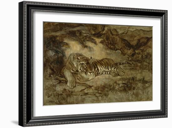 Tiger at Rest, C.1850-70 (Oil on Paper Mounted on Canvas)-Antoine Louis Barye-Framed Giclee Print