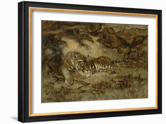 Tiger at Rest, C.1850-70 (Oil on Paper Mounted on Canvas)-Antoine Louis Barye-Framed Giclee Print