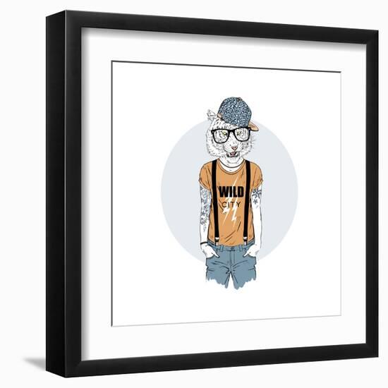 Tiger Hipster Dressed up in Cool T-Shirt-Olga_Angelloz-Framed Art Print