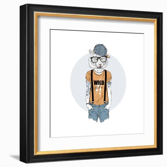 Tiger Hipster Dressed up in Cool T-Shirt-Olga_Angelloz-Framed Art Print