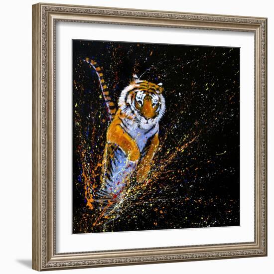 Tiger Leaping-null-Framed Premium Giclee Print