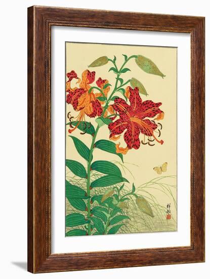 Tiger Lilies and Butterfly-Koson Ohara-Framed Giclee Print