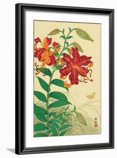 Tiger Lilies and Butterfly-Koson Ohara-Framed Giclee Print