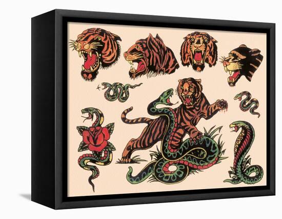 Tigers & Snakes Authentic Tattoo Flash by Norman Collins, aka, Sailor Jerry-null-Framed Stretched Canvas