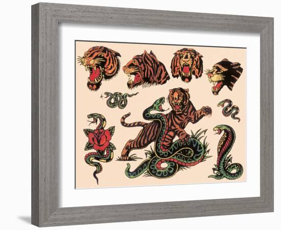 Tigers & Snakes Authentic Tattoo Flash by Norman Collins, aka, Sailor Jerry-null-Framed Art Print