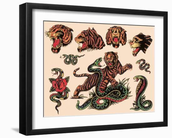 Tigers & Snakes Authentic Tattoo Flash by Norman Collins, aka, Sailor Jerry-null-Framed Art Print