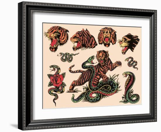 Tigers & Snakes Authentic Tattoo Flash by Norman Collins, aka, Sailor Jerry-null-Framed Art Print