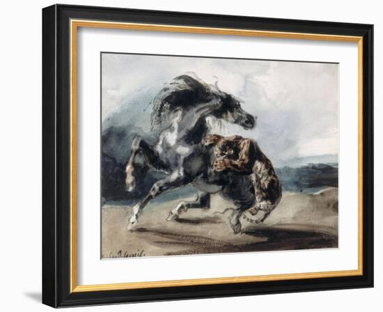 Tigre attaquant un cheval sauvage-Eugene Delacroix-Framed Giclee Print