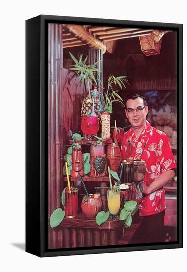 Tiki Man with Exotic Drinks, Retro-null-Framed Stretched Canvas