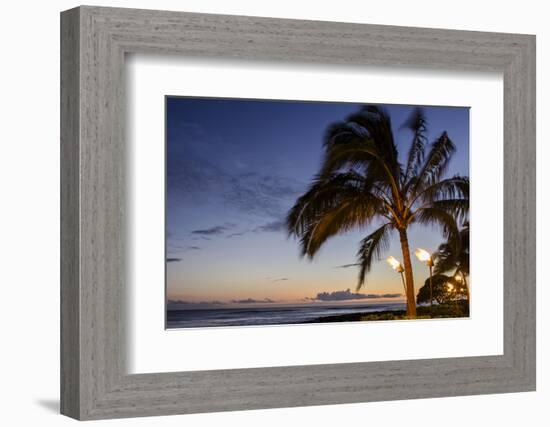 Tiki Torches at Sunset on Poipu Beach, Kauai, Hawaii, United States of America, Pacific-Michael DeFreitas-Framed Photographic Print