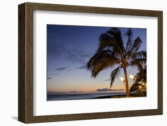 Tiki Torches at Sunset on Poipu Beach, Kauai, Hawaii, United States of America, Pacific-Michael DeFreitas-Framed Photographic Print