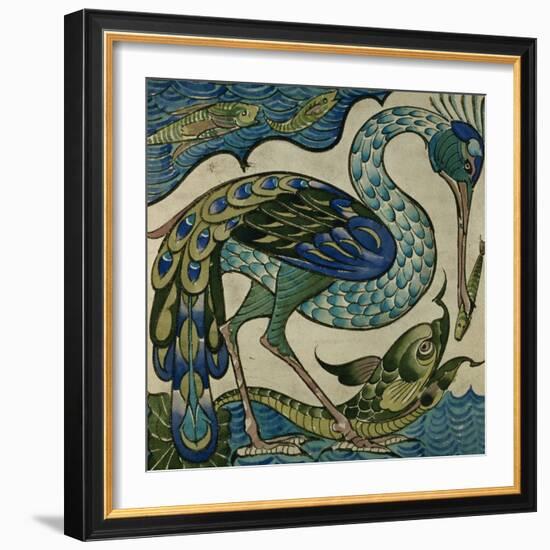 Tile Design of Heron and Fish, by Walter Crane-Walter Crane-Framed Giclee Print