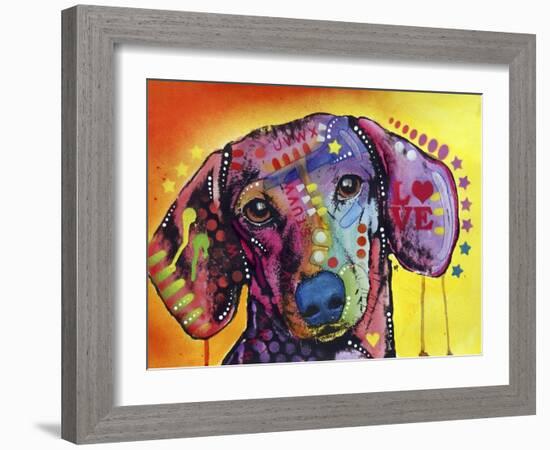 Tilt Dachshund Love, Dogs, Animals, Pets, Red Yellow, Doxie, Loving, Drips, Pop Art, Colorful-Russo Dean-Framed Giclee Print
