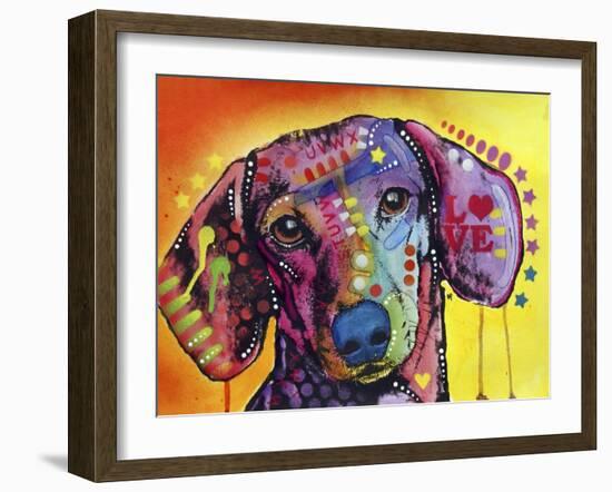 Tilt Dachshund Love, Dogs, Animals, Pets, Red Yellow, Doxie, Loving, Drips, Pop Art, Colorful-Russo Dean-Framed Giclee Print