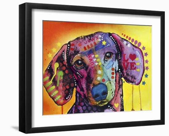 Tilt Dachshund Love, Dogs, Animals, Pets, Red Yellow, Doxie, Loving, Drips, Pop Art, Colorful-Russo Dean-Framed Giclee Print