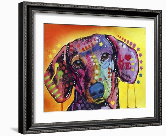 Tilt Dachshund Love, Dogs, Animals, Pets, Red Yellow, Doxie, Loving, Drips, Pop Art, Colorful-Russo Dean-Framed Giclee Print