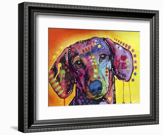 Tilt Dachshund Love, Dogs, Animals, Pets, Red Yellow, Doxie, Loving, Drips, Pop Art, Colorful-Russo Dean-Framed Giclee Print