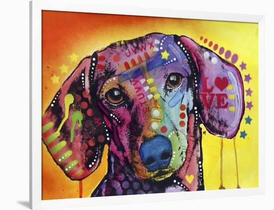 Tilt Dachshund Love, Dogs, Animals, Pets, Red Yellow, Doxie, Loving, Drips, Pop Art, Colorful-Russo Dean-Framed Premium Giclee Print