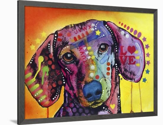 Tilt Dachshund Love, Dogs, Animals, Pets, Red Yellow, Doxie, Loving, Drips, Pop Art, Colorful-Russo Dean-Framed Premium Giclee Print