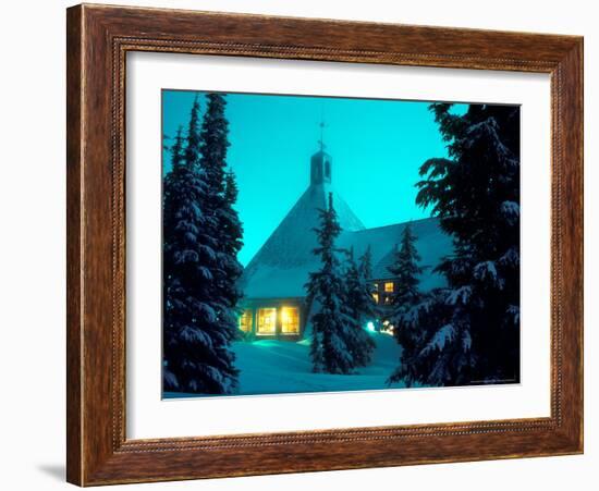 Timberline Lodge at Night in the Snow, Oregon Cascades, USA-Janis Miglavs-Framed Photographic Print